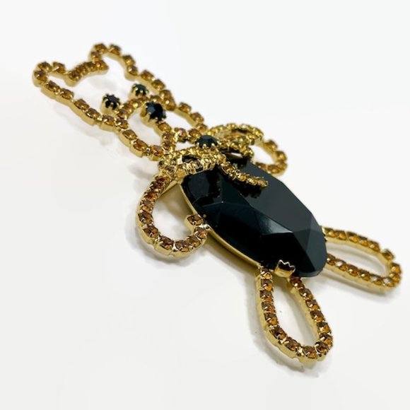 Bear Brooch, Teddy Bear, 3 3/4" Long, Orange Rhinestones, Gold, Vintage Pin - Picture 3 of 4